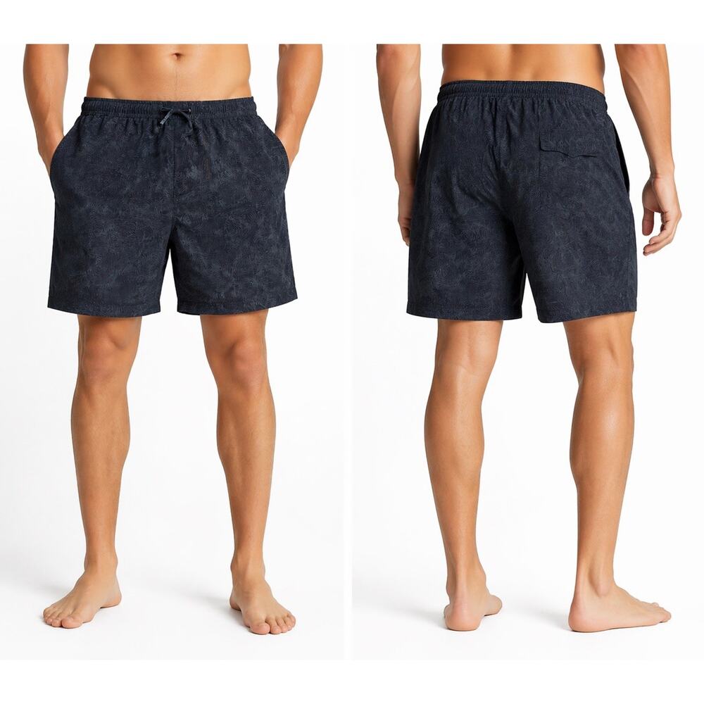 St John’s Bay Men’s Swim Trunks Navy Pattern Elastic Waist Size 40